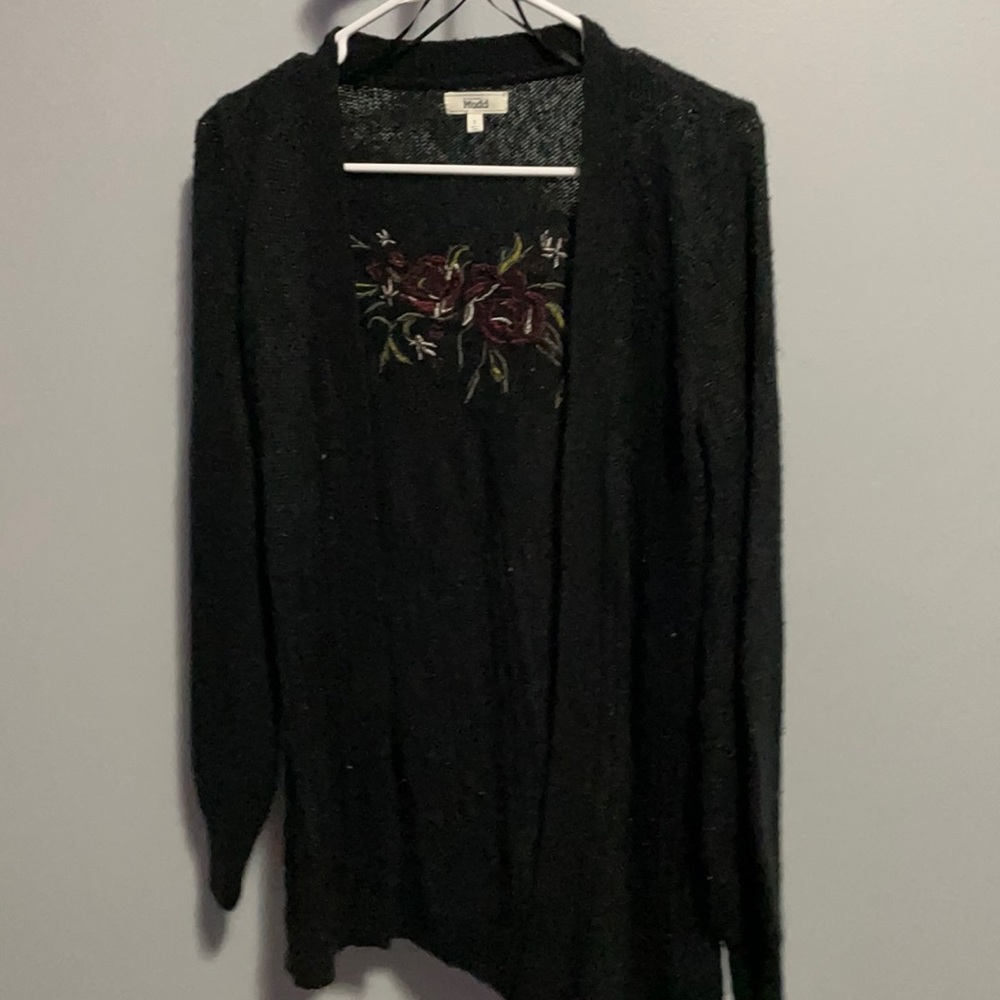 black sweater jacket with roses embroidered on back
